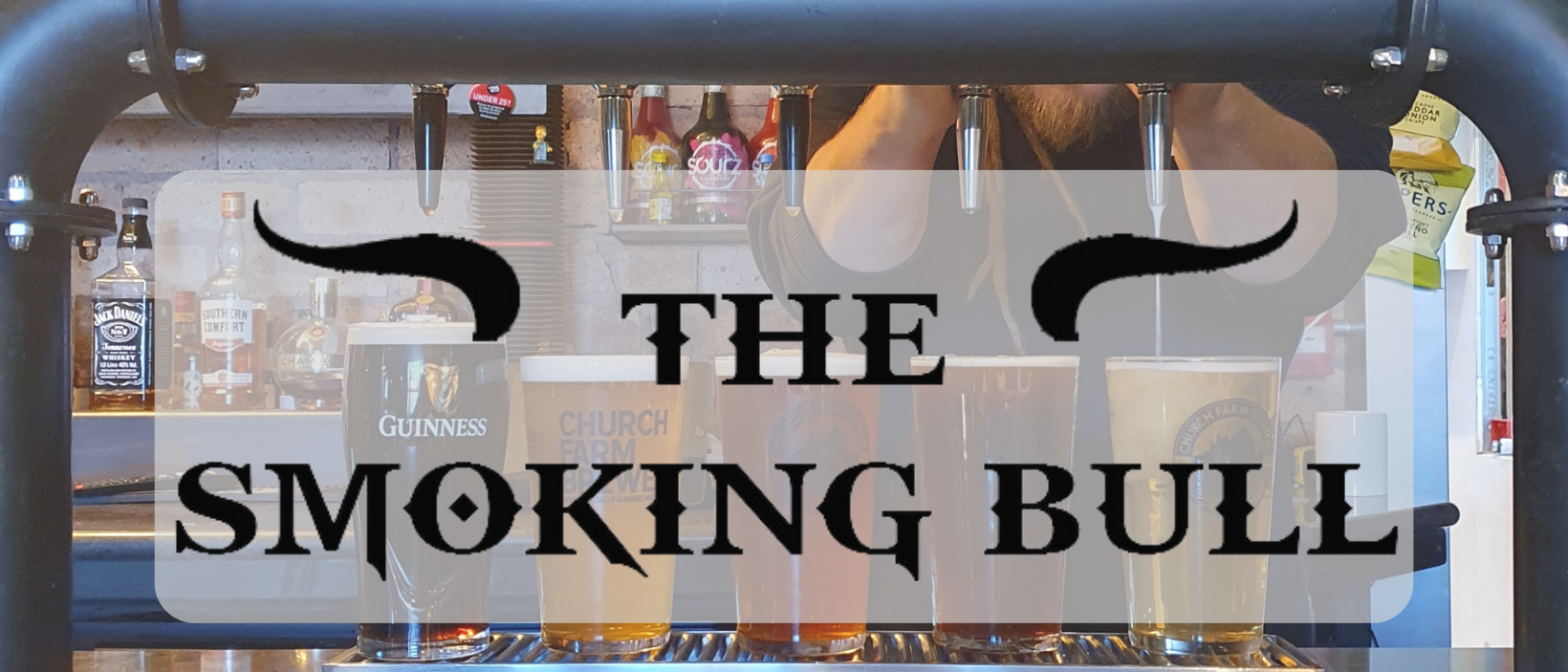 The smoking bull sign transposed over a bar